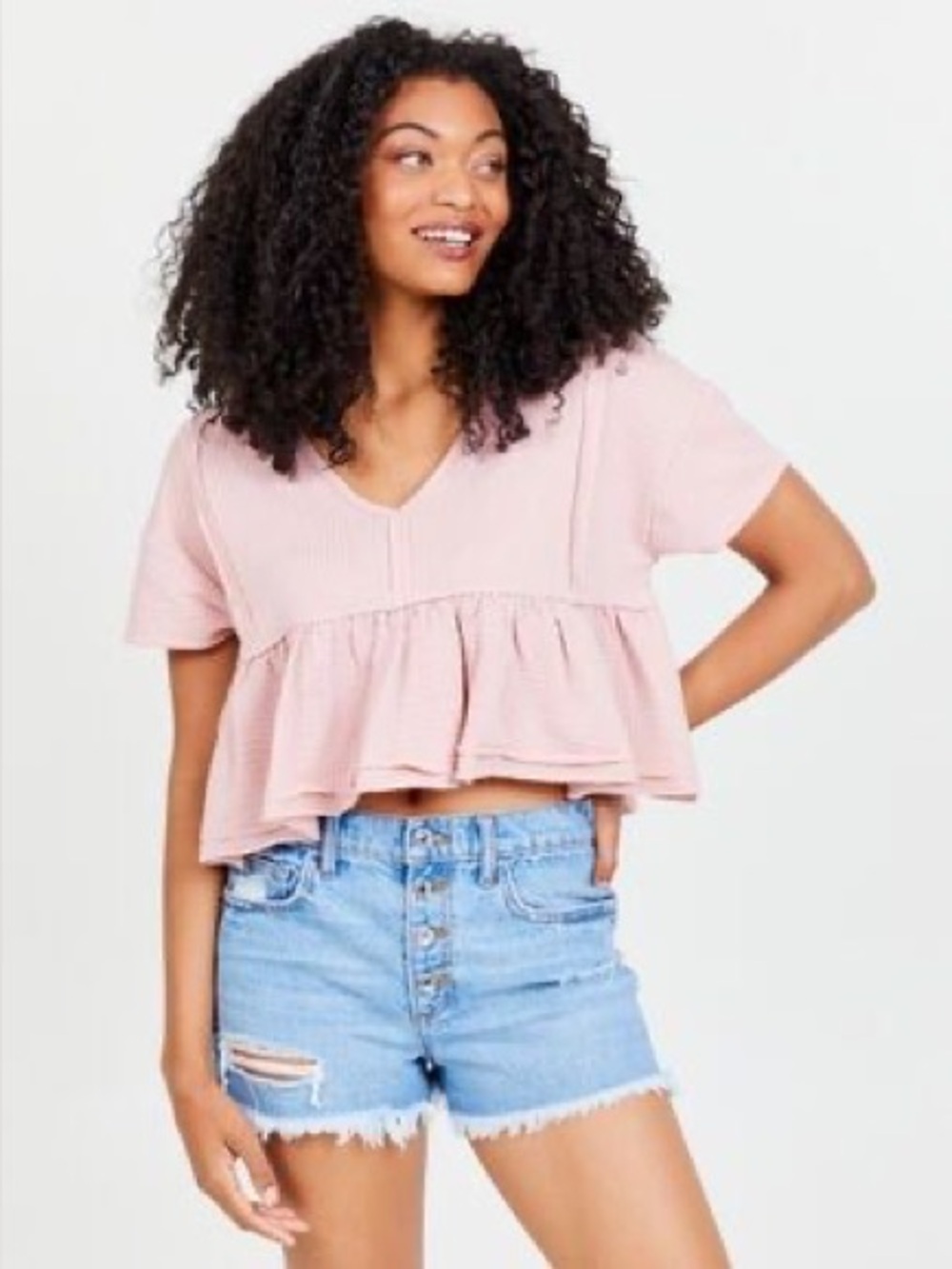 Altar’d State gauzey pink cropped babydoll top size small
